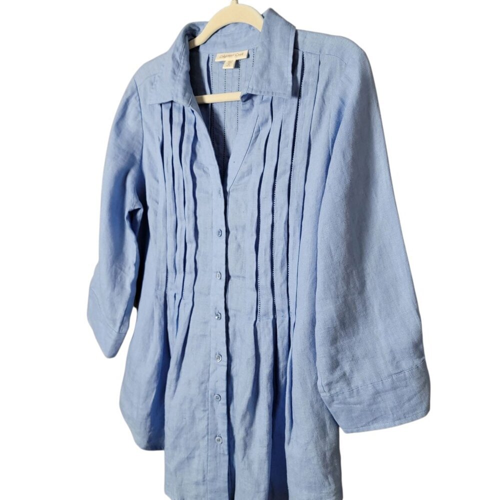 Coldwater Creek Womens Blue Linen Boho Pintuck 3/4 Sleeves Button Front Top M - Picture 2 of 10